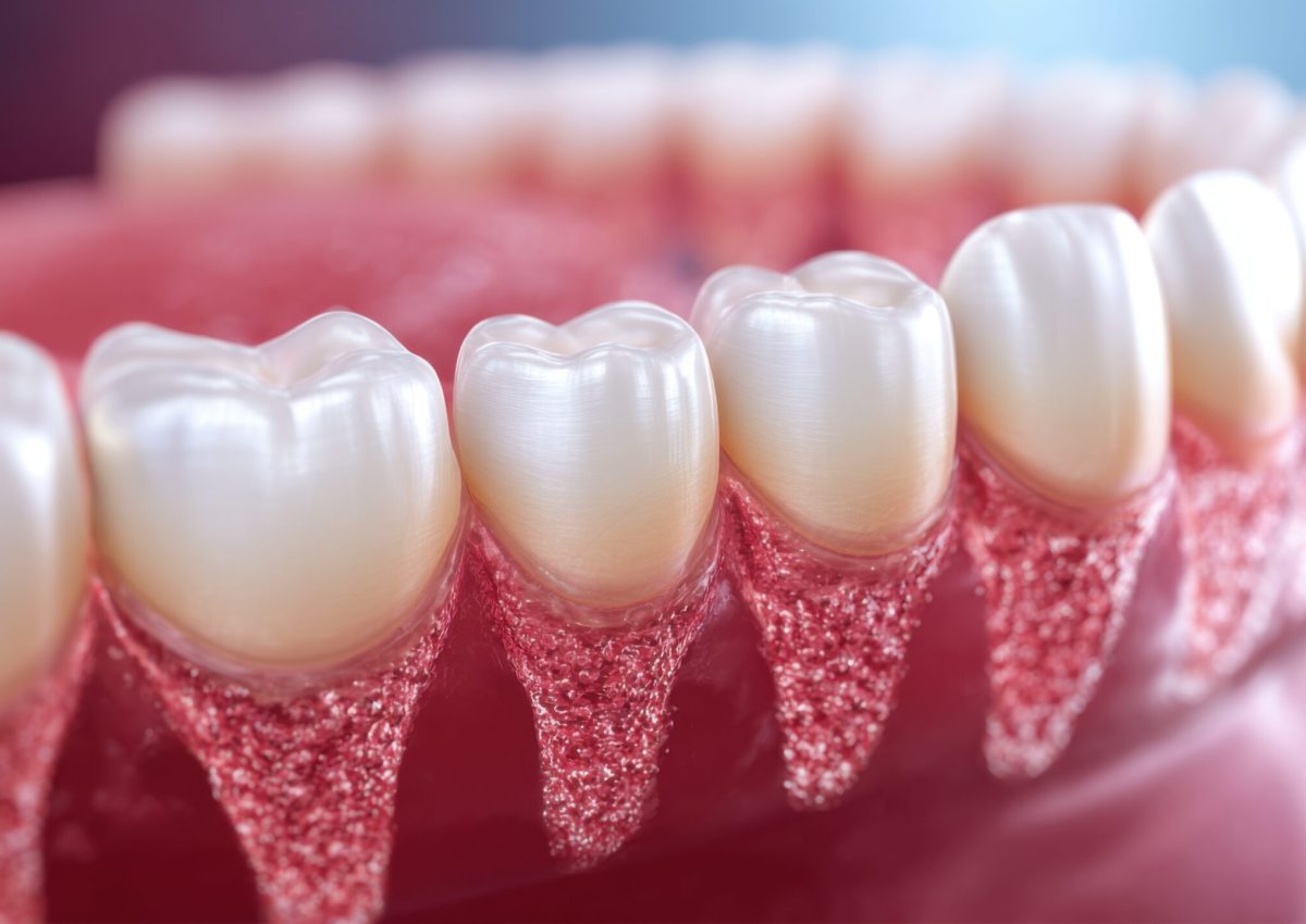 Close-up examination of human teeth and gums reveals details of dental structure, highlighting the importance of oral health and hygiene practices in a clinical environment.